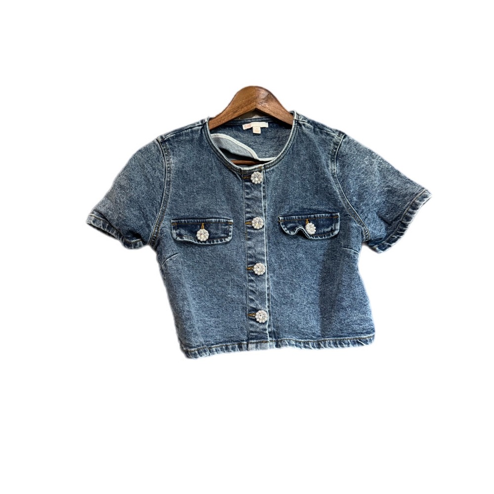 GB Denim Jacket Women Small Blue Excellent Acid Wash Pearl Button Crop Top